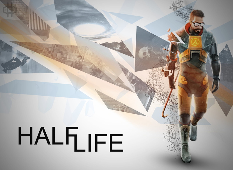 day, Half-Life, wall - building feature, sunlight, casual clothing, text, Gordon Freeman, men, standing, Video Game, indoors, holding, leisure activity