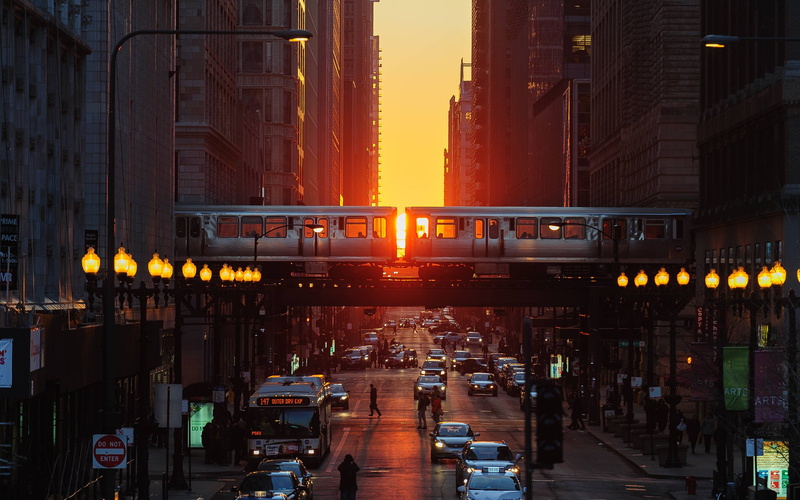 car, city, Chicago, street, 4K, sunset, Illinois, metro