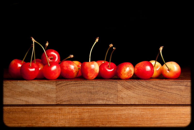 still life, ripe, cherries (food), no people, indoors, studio shot, plant stem, 1080P, wood - material, food and drink, food, black background, table