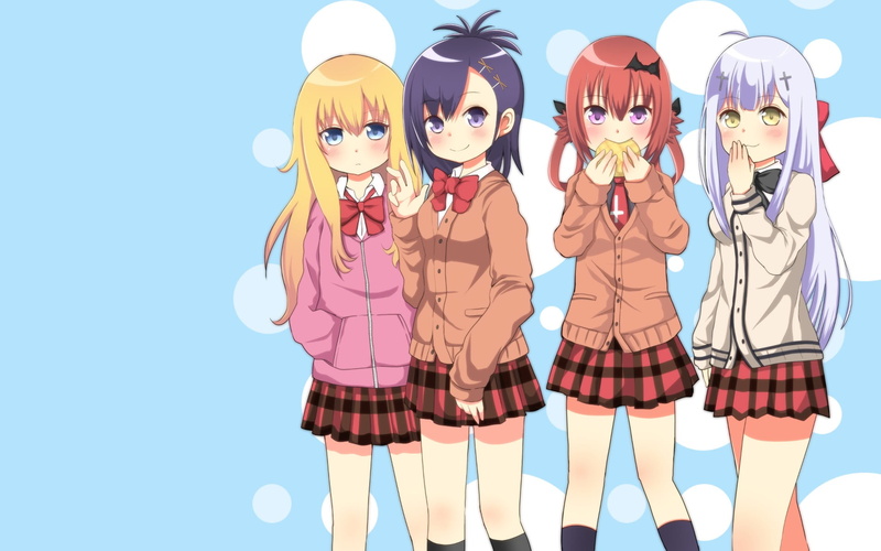 simple, smiling, white skin, costume, representation, Gabriel Dropout, anime girls, blue, indoors, people, celebration, leisure activity, Vignette April Tsukinose
