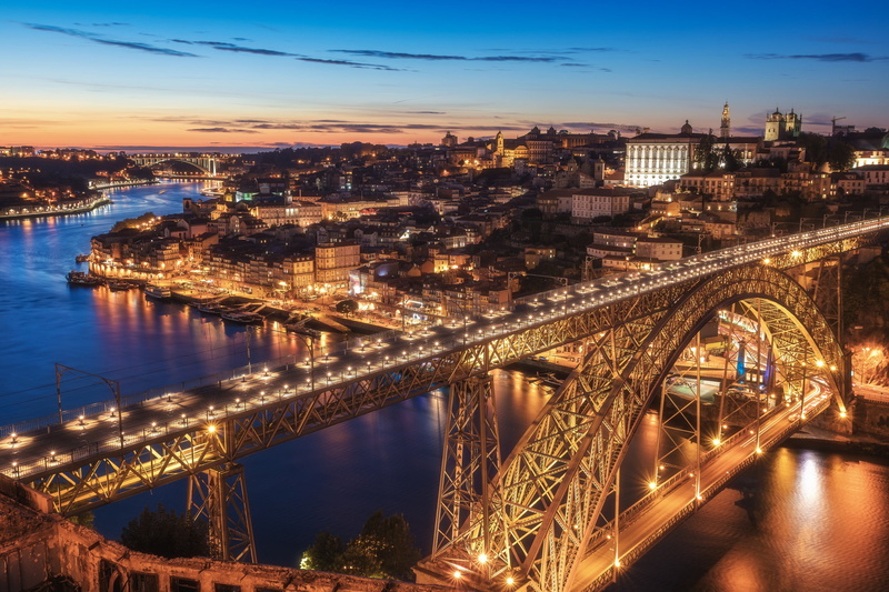 sunset, bridge, Dom Luís I Bridge, Ponte de don Luis I, river, Port, Porto, the river Duero, Portugal, 1080P, Vila Nova de Gaia, night city, Douro River