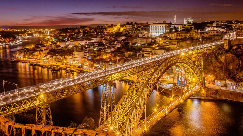 Porto, the river Duero, Port, Ponte de don Luis I, Vila Nova de Gaia, 1080P, Douro River, Portugal, bridge, night city, river, Dom Luís I Bridge, panorama