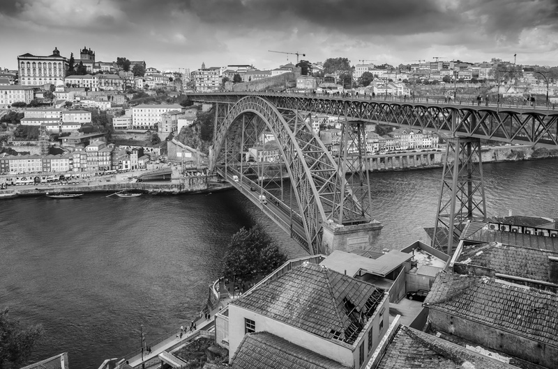 cityscape, bridge - man made structure, dom luis bridge in porto, river, city, water, architecture, transportation, cloud - sky, no people, black and white