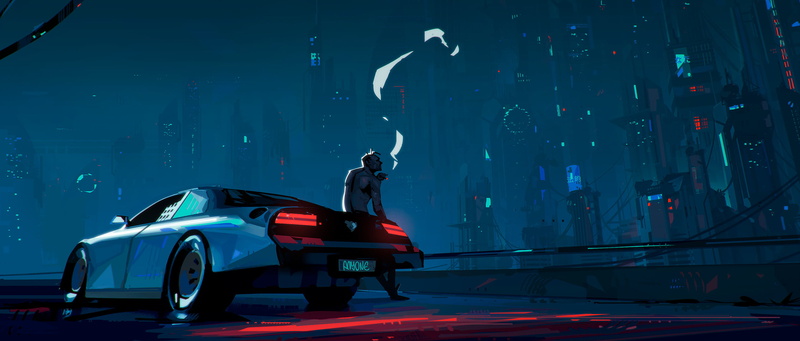 vehicle, cityscape, cigarettes, car, 1080P, smoke, night, men, futuristic city, artwork, smoking