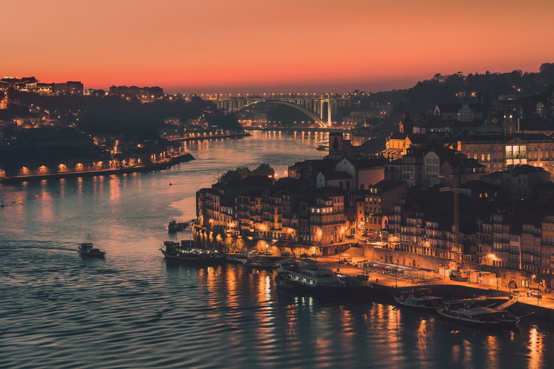 porto, river, city, evening, canal, water, building, the city of Porto, body, concrete, Portugal, beside, lights, 1080P, bridge
