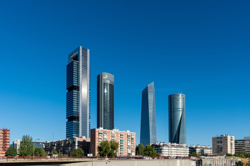 5K, outdoors, low angle view, blue, no people, day, tower, tall - high, building exterior, office, built structure, financial district, madrid, landmark