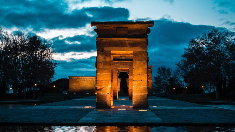 travel, ancient civilization, ancient, templo de debod, spain, cloud, sky, illuminated, dusk, 1080P, travel destinations, reflection, temple of debod