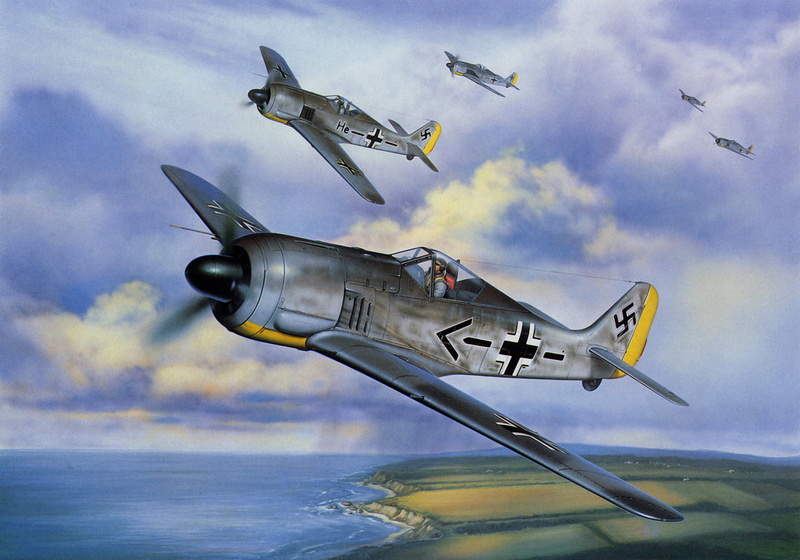 aviation, fighting, painting, side view, air vehicle, fighter plane, airplane, military, flying, mode of transportation, Fw 190, water, motion, military airplane