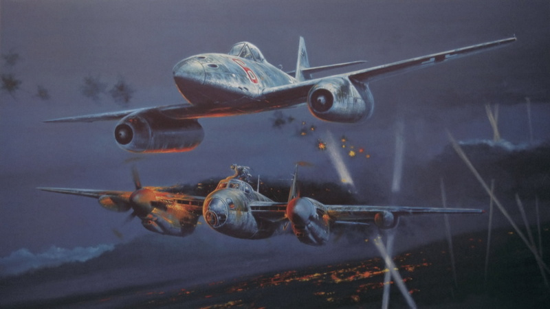 war, 1080P, De Havilland Mosquito, art, Messerschmitt Me 262, aviation, ww2, night fighter, painting