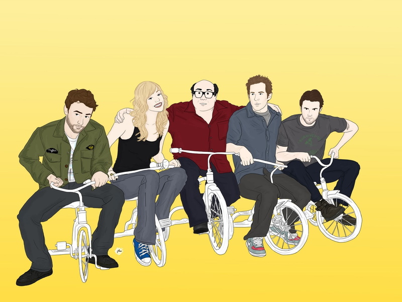 yellow, Charlie Day, yellow background, Rob McElhenney, full length, sitting, people, young adult, males, business, 720P, looking at camera, Kaitlin Olson