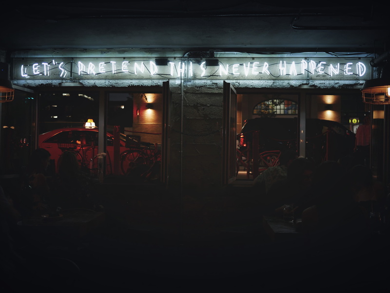 pretend, signage, mode of transportation, city, neon, light, group, turned, architecture, outdoors, sign, women, real people, men, s, incidental people