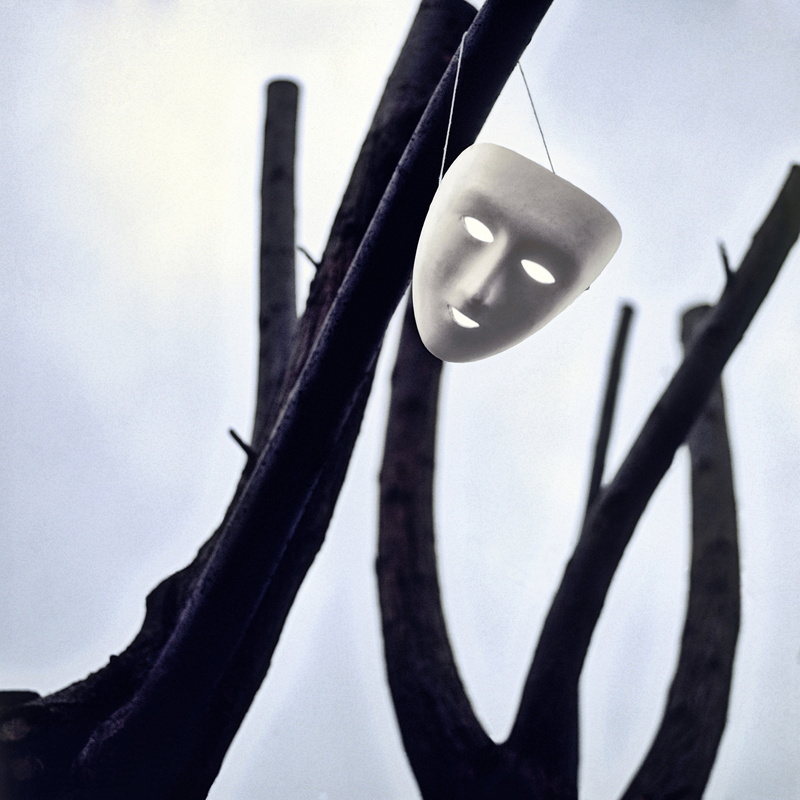 mask, clear sky, emotion, close-up, day, white, shape, low angle view, wall - building feature, sky, metal, design, branch, no people, illusion, strangeness