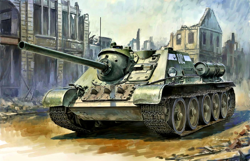 USSR, during the Second World war, The Red Army, The ruins of the house, SU-85, SAU, 2K, Tank fighter