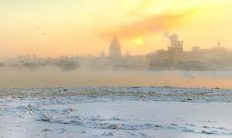fog, orange color, travel destinations, St. Petersburg, cold temperature, beauty in nature, city, sky, scenics - nature, built structure, architecture