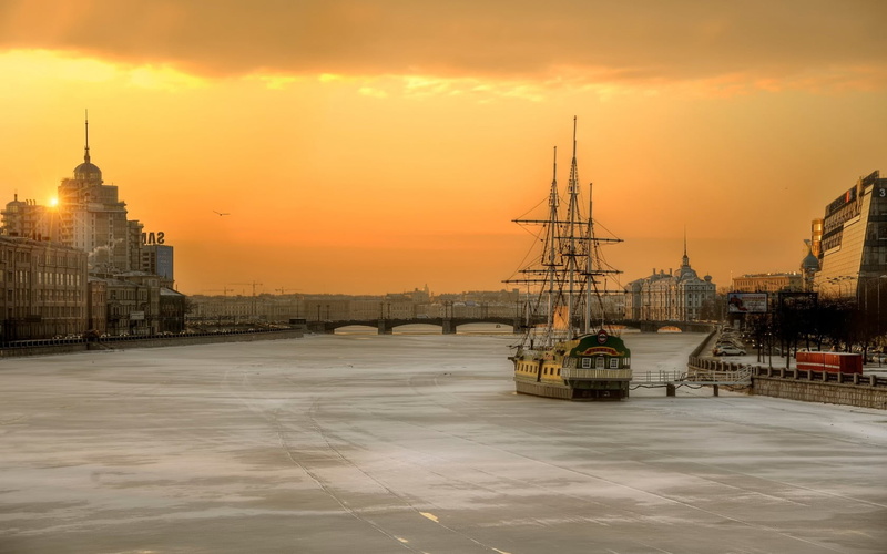 Russia, city, travel, cathedral, Sun, ship, no people, boat, ice, cloud - sky, white, architecture, fishing, river, bridge, building exterior, water, mode of transportation
