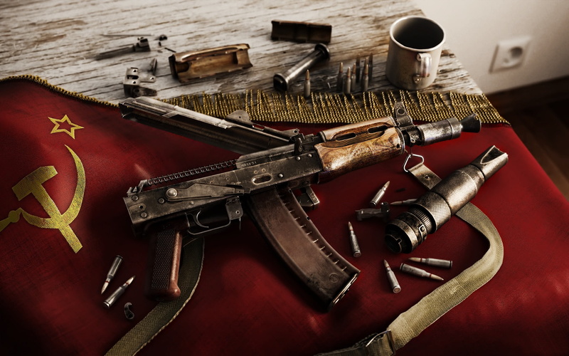 war, old-fashioned, ammunition, no People, army, metal, Kalash, pistol, social issues, table, brown, equipment, AK-74, indoors, rifle, communication, sign