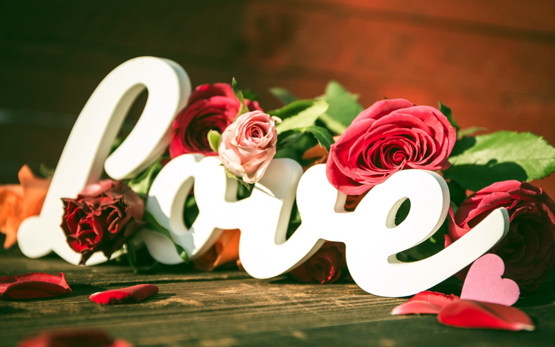 love, typography, flowers, heart, 2K, rose