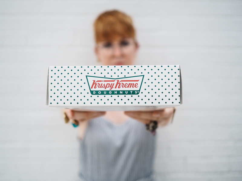 doughnut, front view, young adult, donut box, dot, food, spotted, portrait, adult, woman, showing, women, waist up, spots, holding, doughnuts, females