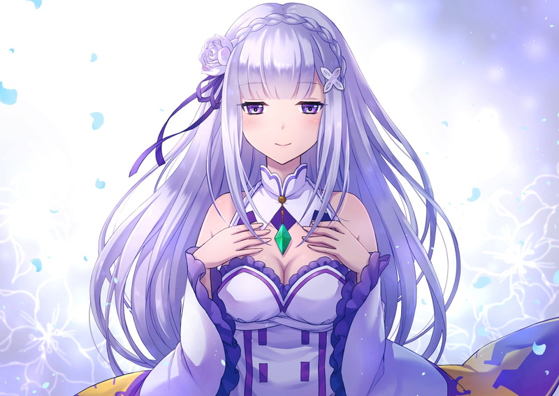 one person, 1080P, front view, nature, indoors, women, hair, blue, innocence, child, digital composite, childhood, purple, hairstyle, rezero starting life in another world