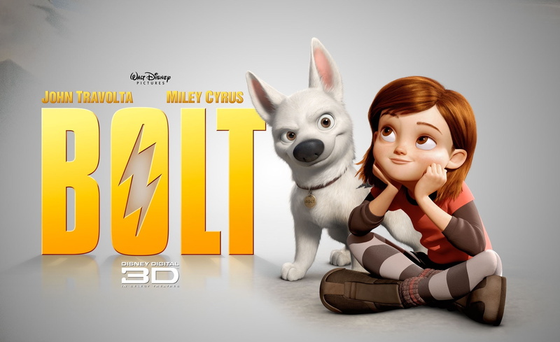 studio shot, domestic, Movie, human representation, front view, Bolt, mammal, poster, indoors, pet owner, looking at camera, text, communication, sitting