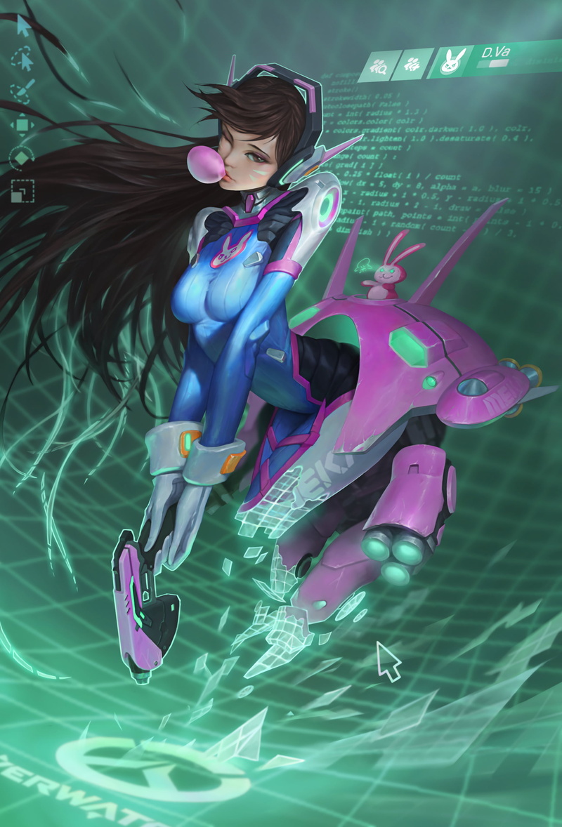 video games, 2K, Hana Song, Robots, text, logo, video game characters, long hair, gun, D.Va (Overwatch), Gum, women, bubblegum, Overwatch, cursor, brunette