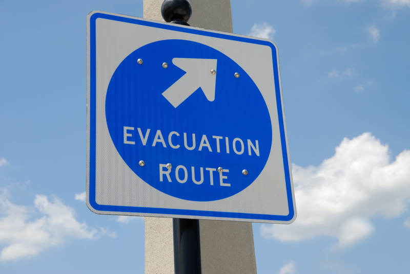 no people, communication, road Sign, urgency, outdoors, danger, way, Evacuation, street, public, blue, low angle view, steel, arrow, security, Safety, day
