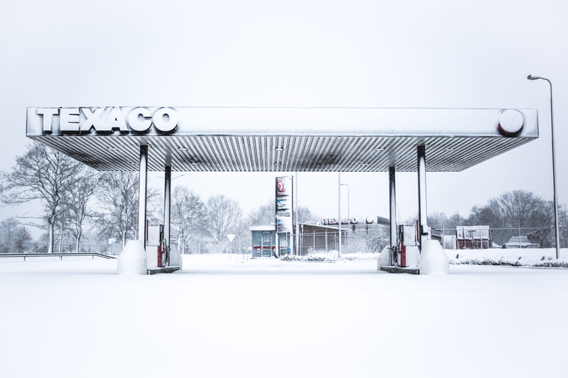 5K, snow, texaco, white color, netherlands, no people, nature, nothing, building exterior, transportation, communication, tankstation, western script
