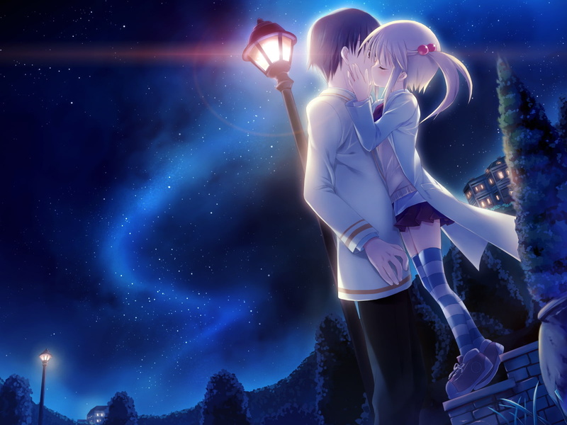 Anime, Brown Hair, Blonde, Hiiragi Chiyoko, Couple, Night, Light, Kiss, Kiss X Demon Lord X Darjeeling, Sky, 720P, Stars