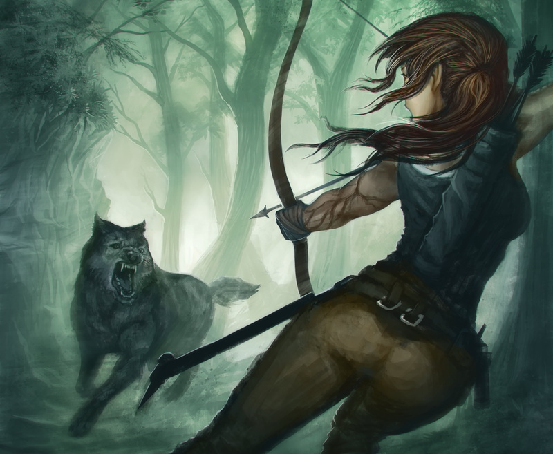 lara, Tomb Raider, painting, predator, mouth, animal wildlife, art, young women, one person, women, hair, Lara Croft, raider, croft, 2K, bow, indoors