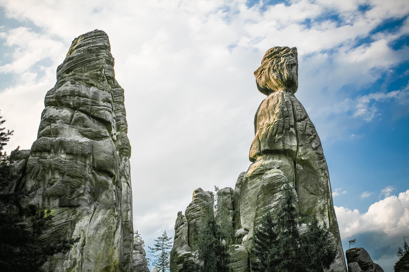 low angle view, sky, adrspach, rock - object, statue, rear view, czech, tree, asia, male likeness, 4K, Czech Republic, republic, spirituality, craft, human representation