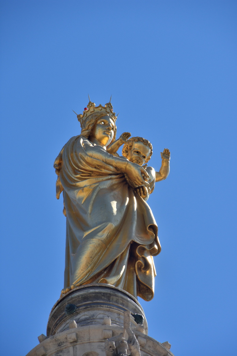 architecture, statue, religion, art and craft, male likeness, blue, notre, Notre-Dame-De-La-Garde, no people, human representation, belief, blue sky, dame