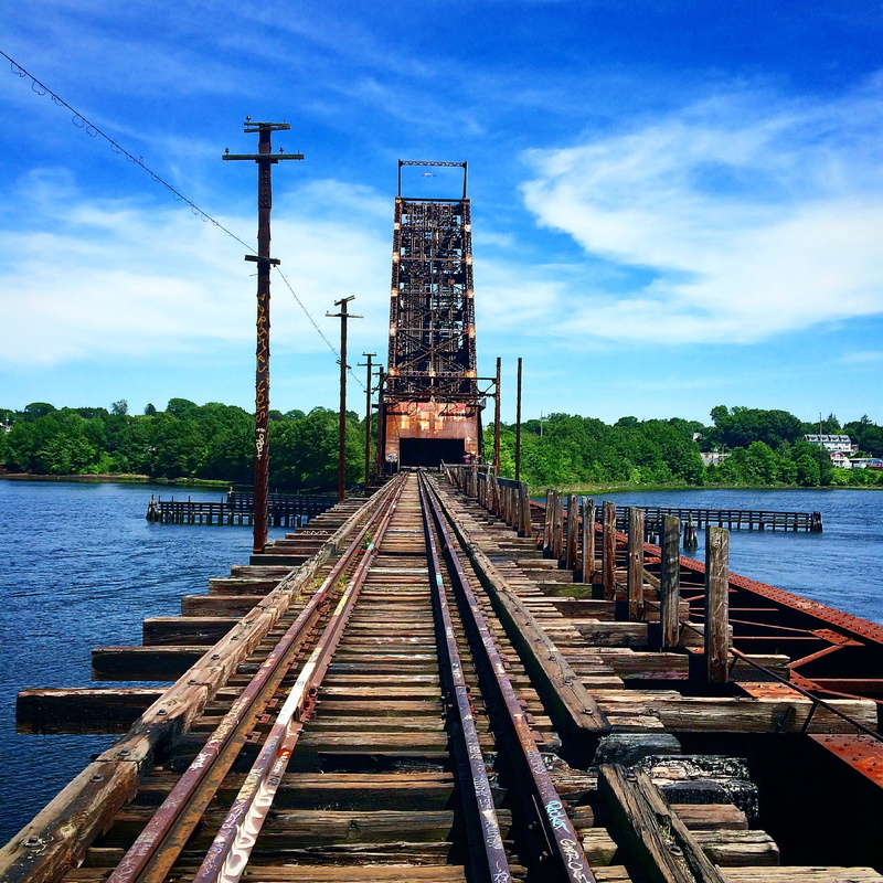 wood, day, sky, decay, brown, rail transportation, the way forward, built structure, cloud - sky, water, nature, building, connection, white, tree, railroad track