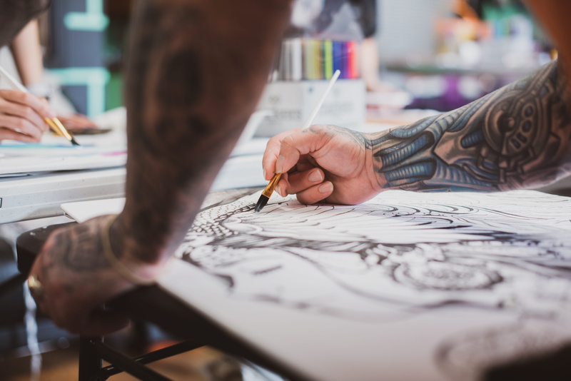 textile, writing, expertise, paint, tailor, table, paper, tattoo, design, craft, ideas, indoors, drawing - Activity, teamwork, 5K, creativity, hand, drawing - Art Product
