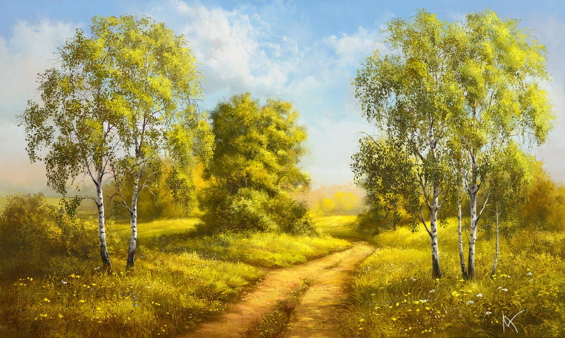path, trees, birches, painting, 3d and abstract, 1080P