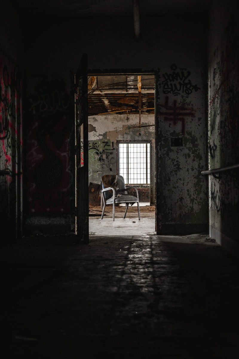 obsolete, damaged, old, domestic animals, absence, decline, seat, built structure, 5K, graffiti, ancient, entrance, door, run-down, abandoned building