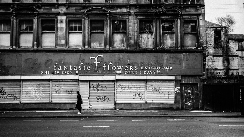 photo, day, road, real people, architecture, pavement, built structure, street, text, abandoned, flowers, sign, back and white, urban, shutter, old, building exterior
