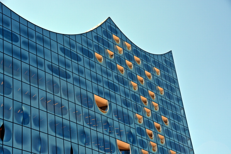facade, glass - Material, glass, harbour city, philharmonic orchestra, Architecture, blue, urban Scene, landmark, hamburg, Elbe Philharmonic Hall, modern
