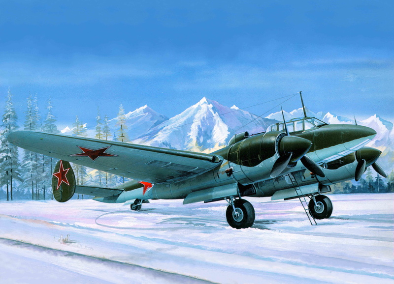 bomber, art, production, developed, white, nicknamed, V. M. Petlyakov, dive, propeller, WWII, green, frontline, plane, USSR, Soviet, mass, PE-2M, closed