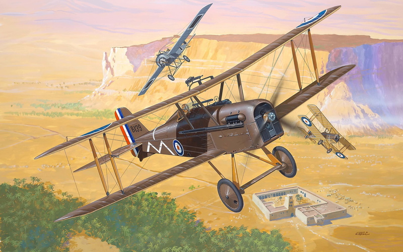 motion, airplane, air vehicle, cloud - sky, transportation, sky, WWI., mode of transportation, landscape, mid-air, brown, one, travel, fighter, aerospace industry