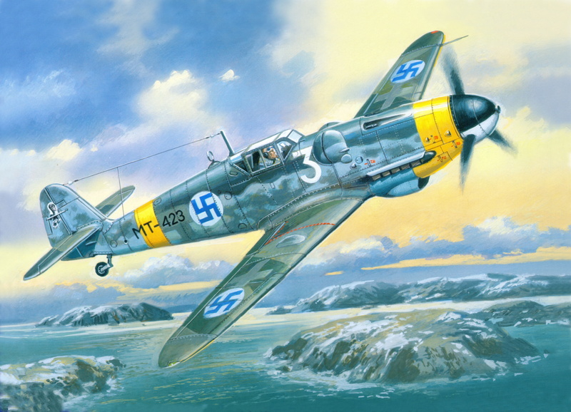 painting, the sky, single-engine, piston, yellow, Art, brown, 5K, Messerschmitt, fascist, German, G-6, Finnish air force, fighter, airplane, Bf.109, war