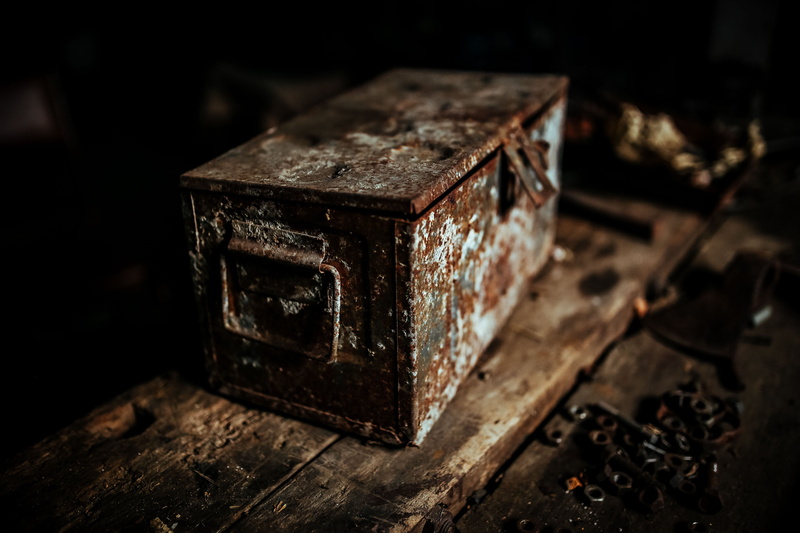 old-fashioned, bolts, wooden, metal, night, weathered, focus on foreground, antique, box, decline, retro Styled, day, indoors, black background, dust, boxes