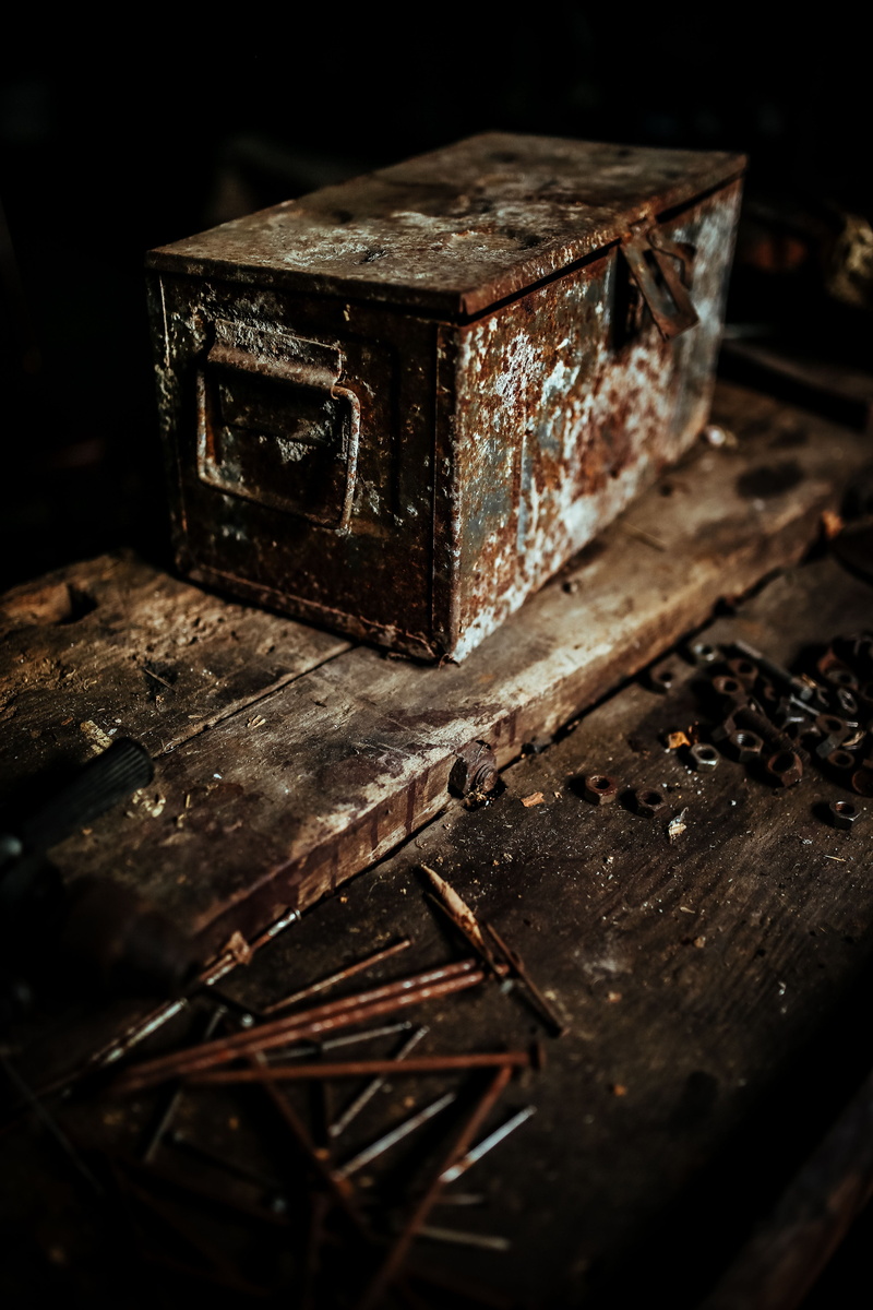 boxes, black background, metal, still life, damaged, wood - Material, Old, workshop, no people, weathered, table, shape, textured, dust, old-fashioned