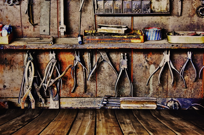 old-fashioned, table, inside, wood, room, wall, workshop, man made object, tool, pliers, variation, choice, hobby, craft, large group of objects, gray