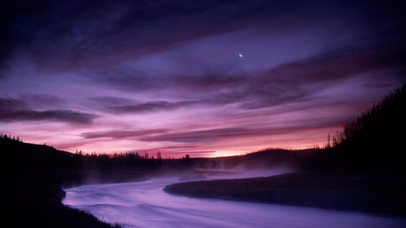 1080P, moon, mist, madison, yellowstone, nature and landscapes, river, park, night