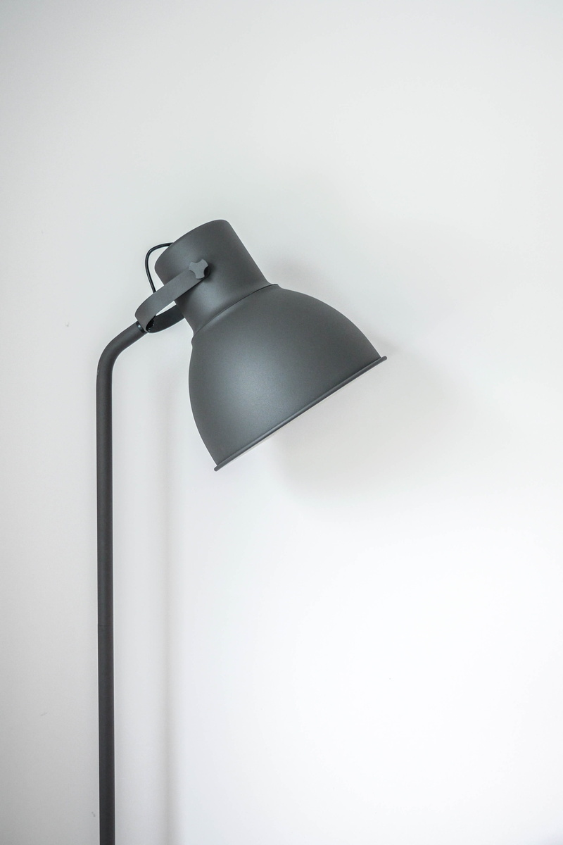 dark, single object, white, copy space, architecture, ikea, grey, white background, indoors, light bulb, minimalism, built structure, standard lamp, near