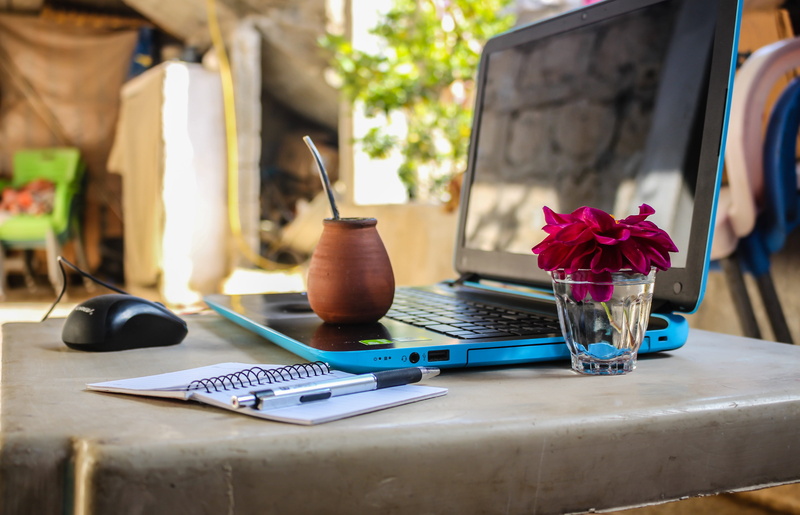pen, book, flowering plant, blue, beside, no people, computer, absence, workspace, office, focus on foreground, nature, 5K, outdoors, day, electronics