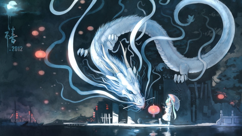 art, outdoors, dragon, lighting equipment, anime, city, glass - material, Hatsune Miku, futuristic, animal representation, backgrounds, window, lantern