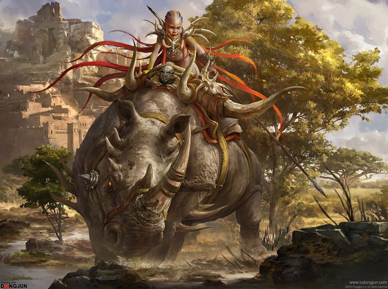 architecture, illustration, rhino, plant, warrior, fantasy art, outdoors, male likeness, art and craft, tree, craft, no people, day, built structure, representation