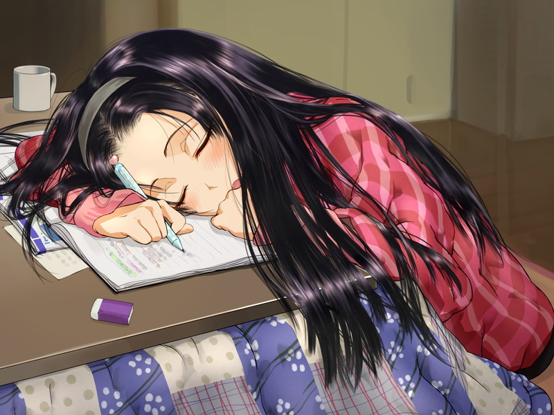 720P, anime girls, sleeping, dark hair, studying