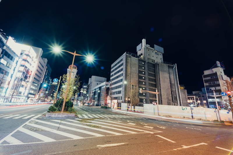 city, illuminated, architecture, concrete, metropolis, town, highway, corner, gray, marking, light beam, convention center, way, no people, built structure
